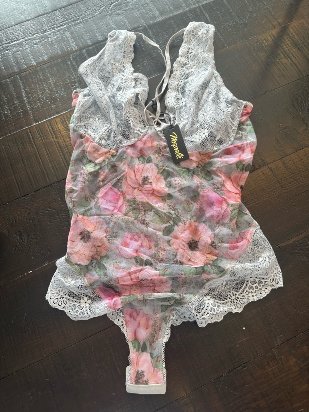 Mapale Floral Lace Chemise Bodysuit - Pink & White Size 1X/2X